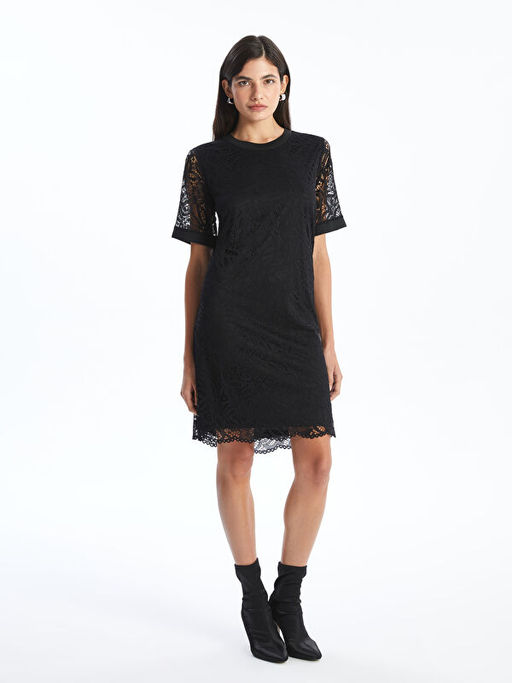 Bisiklet Yaka Dantelli Elbise
