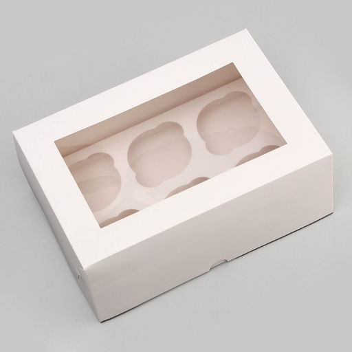 Цена за 3 шт. Коробка для 6 капкейков с окном, белая, 25×17×10 см