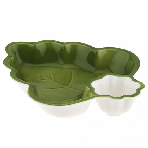 Блюдо керамическое "Зеленый лист" 235х205х40мм, 540мл, с соусником д77мм, 60мл, с деколью, зеленый, в коробке (Китай)