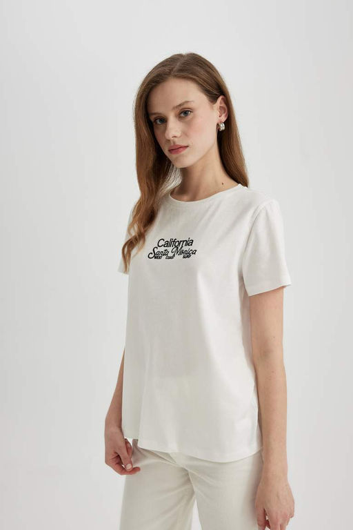 Футболка обычного кроя с круглым вырезом и принтом из чесаного хлопка с короткими рукавами - Defacto фото 4