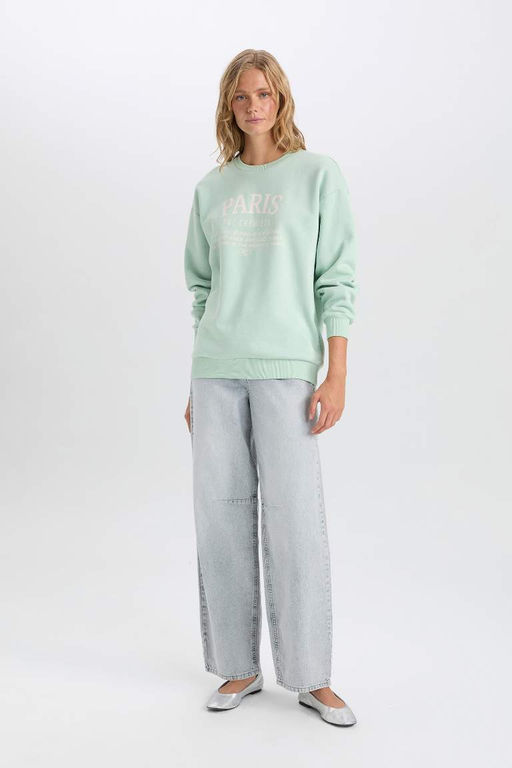 Женская толстая повседневная толстая толстая толстая повседневная толстовка с круглым вырезом и принтом оверсайз, широкий крой - Defacto фото 2