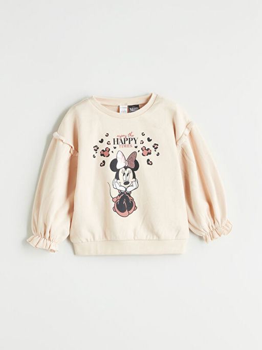 Bisiklet Yaka Minnie Mouse Bask?l? K?z ?ocuk Sweatshirt ve Tayt 2li