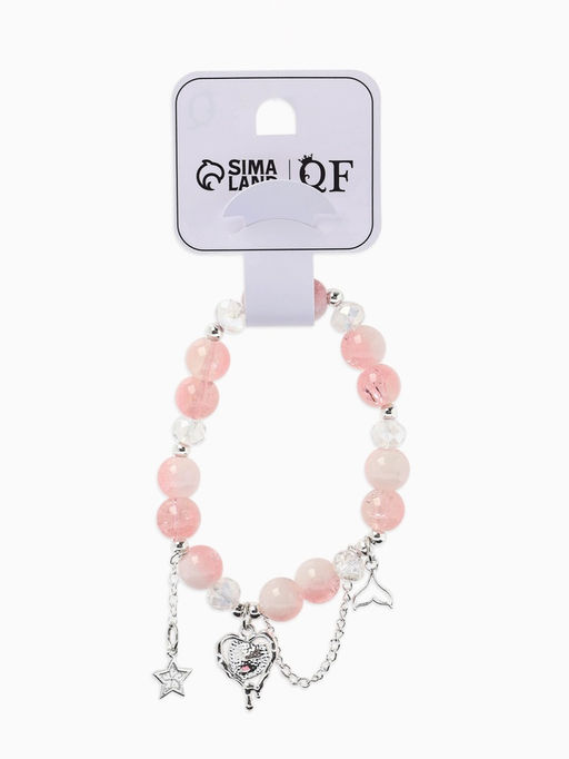 Браслет с подвесками "Сахарный" сердце тякучее, шар № 10/8, цвет бело-розовый в серебре