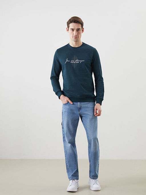 Bisiklet Yaka Bask?l? Erkek Kal?n Sweatshirt