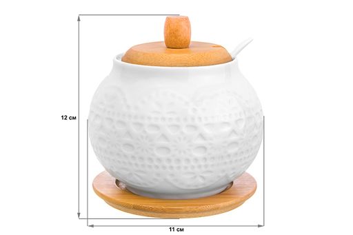 Сахарница Elan Gallery Белое кружево 620 мл с ложкой и деревянной крышкой на подставке  фото 2