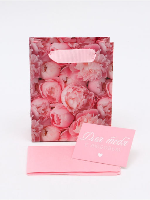 Цена за 2 шт. Пакет ламинированный двухсторонний Пионы, с тишью и открыткой, S, 12?15?5.5