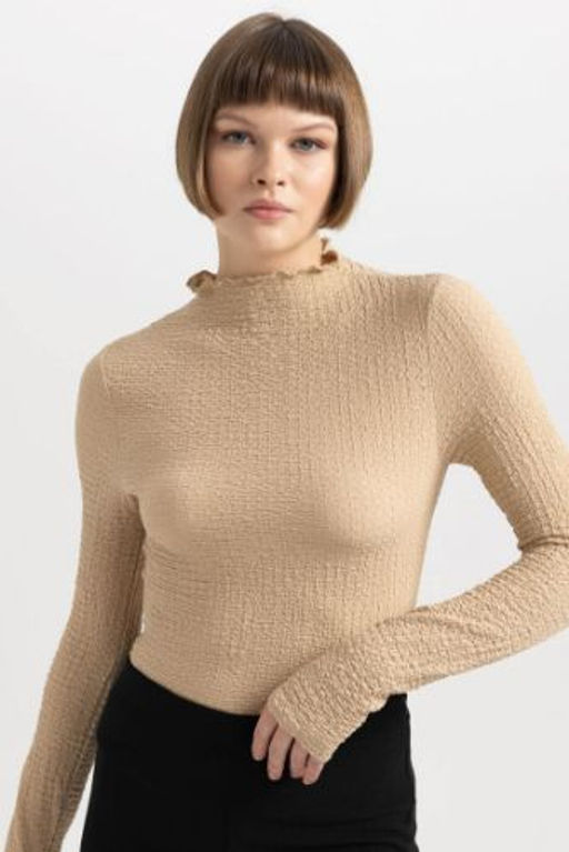 Slim Fit Dar Kesim Yar?m Bal?kc? Yaka Burumcuk Uzun Kollu Tisort