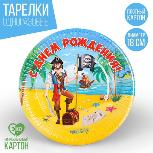 Цена за 10 шт. Тарелка бумажная С днём рождения!, пират, 18 см