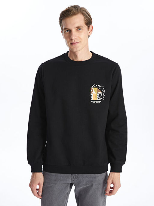 Bisiklet Yaka Bask?l? Erkek Kal?n Sweatshirt