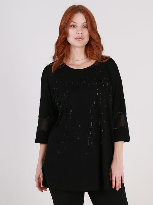 Длинная трикотажная блузка со стразами праздничная - Almond фото 2