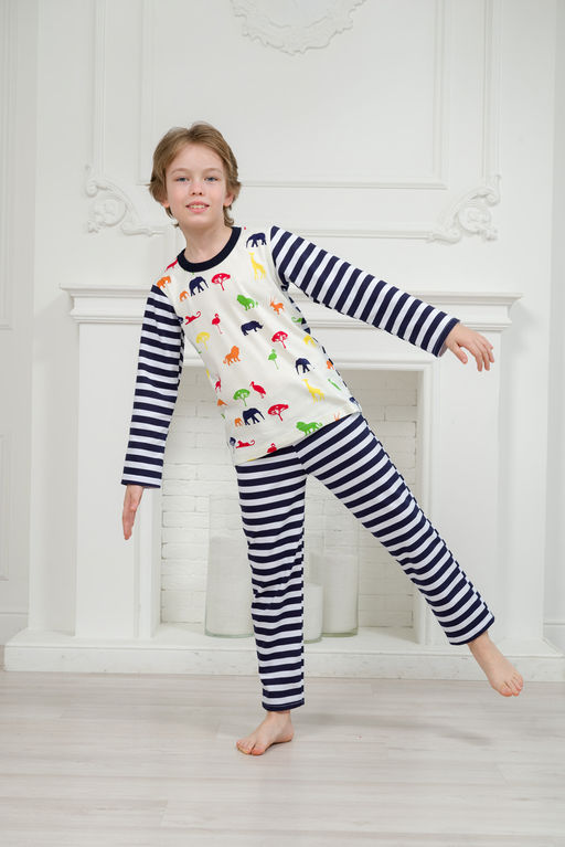 Пижама детская из джемпера и брюк без манжет из интерлока Сафари темно-синий полоса - Амадэль фото 3
