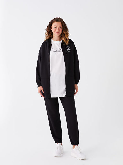 Kap??onlu Bask?l? Uzun Kollu Oversize Kad?n Fermuarl? Sweatshirt