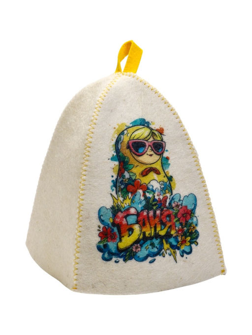 Шапка для бани с принтом "Матрешка в очках", белая