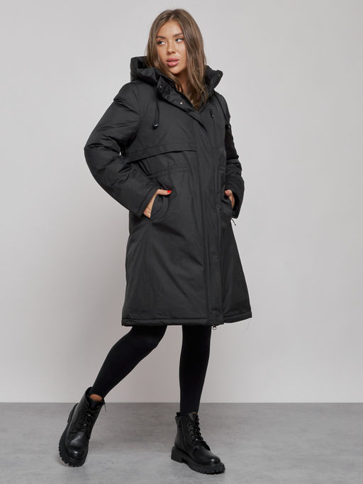 Пальто утепленное с капюшоном зимнее женское черного цвета 52333Ch - HULDLUCK фото 4