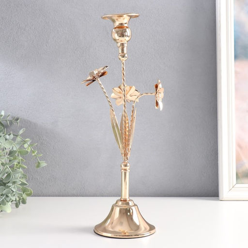 Металлический подсвечник на 1 свечу «Три цветка», d=2.5 см, золото, 10×10×33 см