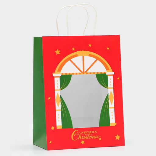 Цена за 12 шт. Пакет подарочный новогодний крафт с окном Театр 30?22?14 см