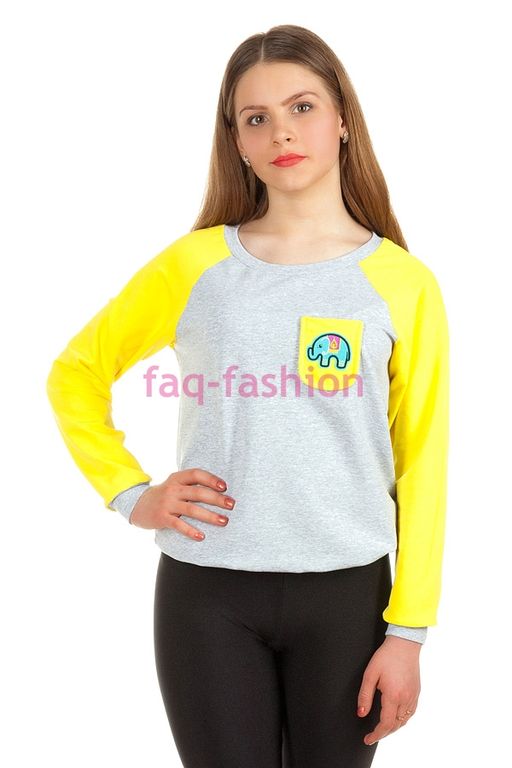 Свитшот Контрастные рукава с кармашком Желтый+слон