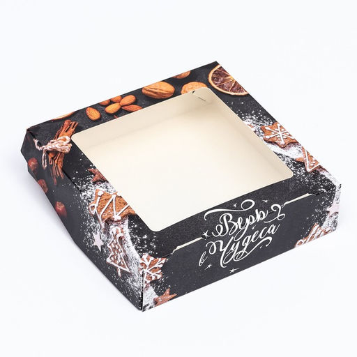 Цена за 20 шт. Коробка подарочная новогодняя складная с окном «Верь в чудеса» 15×15×4 см