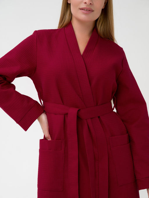 Женский вафельный халат с планкой бордовый В-02 (15)