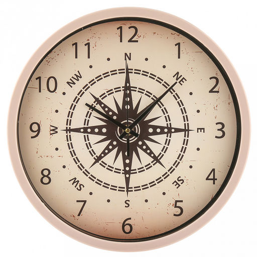 Часы настенные Роза ветров д30,2см, h4,2см, циферблат Компас кремовый; цифры арабские, черный; корпус пластик, пудровый; в коробке (Китай)