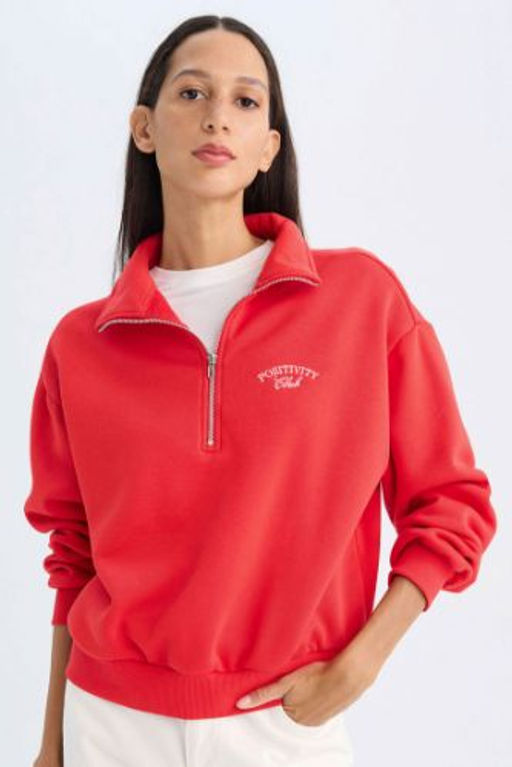 Regular Fit Yar?m Fermuarl? Dik Yaka Bask?l? Kal?n K?rm?z? Sweatshirt