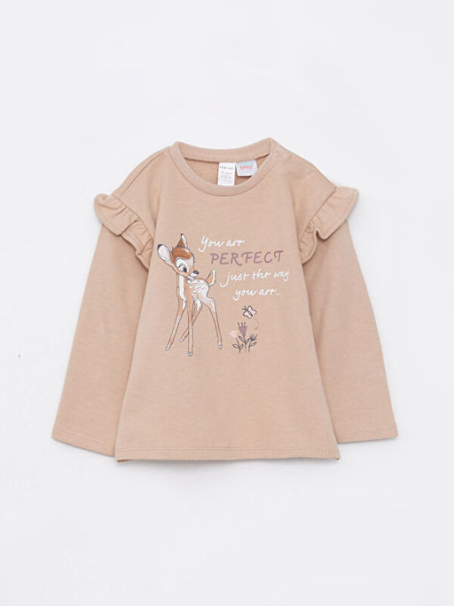 Bisiklet Yaka Uzun Kollu Bambi Bask?l? Organik Pamuklu K?z Bebek Sweatshirt ve Pantolon 2li Tak?m - Waikiki фото 2
