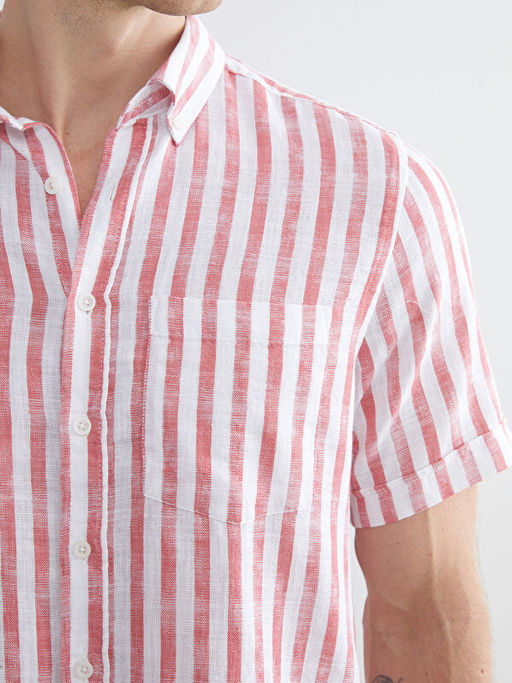 Regular Fit K?sa Kollu ?izgili Poplin Erkek G?mlek