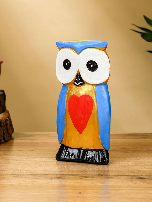 Набор сувенирный Совята с сердечком, h=15 см, h=13 см, h=11 см, дерево, голубой с золотом