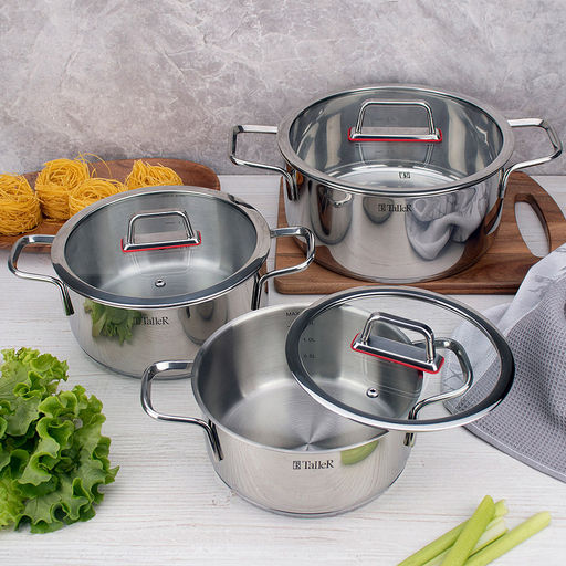Набор кастрюль из нержавеющей стали Tendency 3 штуки: 2л - д18см, h8,8см, 2,8л - д20см, h9,8см, 5л, д24см, h11,8см, s0,6мм, дно s2,8мм, плоская стеклянная жаропрочная крышка, пароотвод, стальной обод, капсулированное дно, прутковые ручки из нержаве - Домашняя мода фото 3