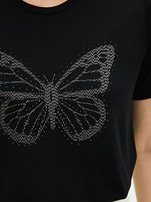 Bisiklet Yaka Ta? Bask?l? K?sa Kollu Kad?n Ti??rt - Waikiki фото 3