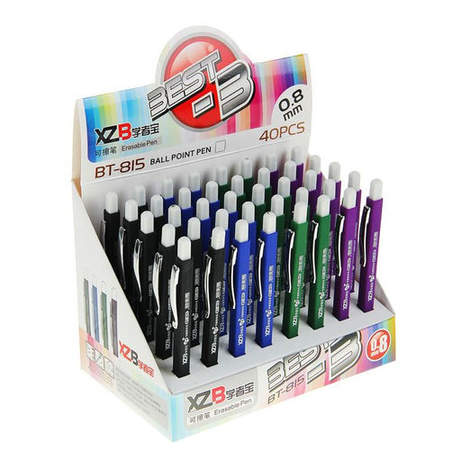 Цена за 40 шт. Стираемая ручка, шариковая, автоматическая, синий стержень, узел 0.8 мм, прорезиненный квадратный корпус, МИКС