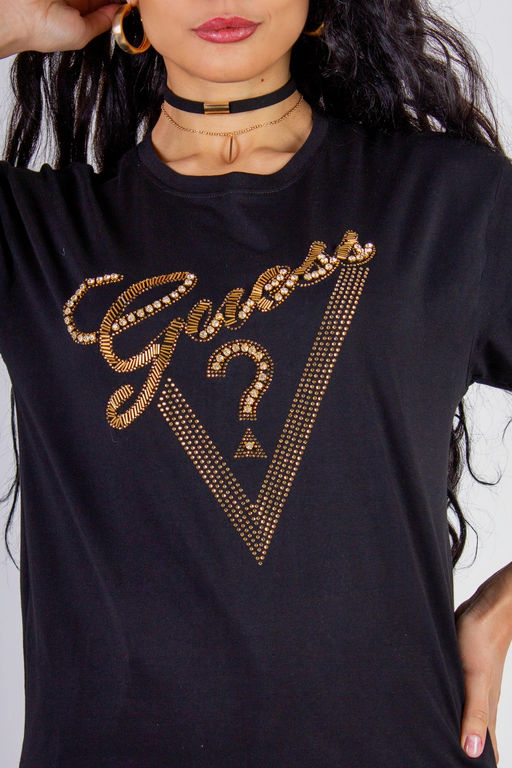 Футболка "Guess" с треугольником стразы, камешки, бусины