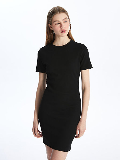 Bisiklet Yaka D?z K?sa Kollu Elbise