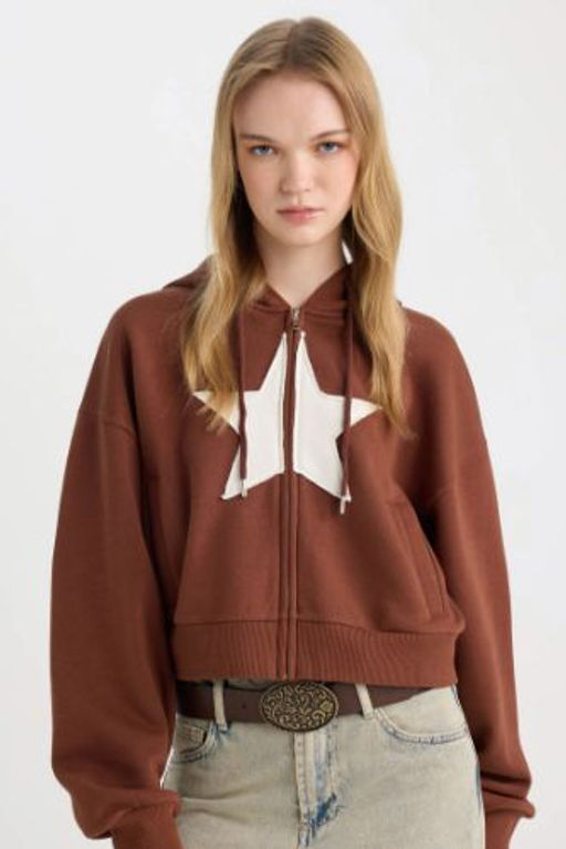 Coool Loose Fit Kapusonlu Bask?l? Kal?n Kanguru Cepli Fermuarl? Sweatshirt