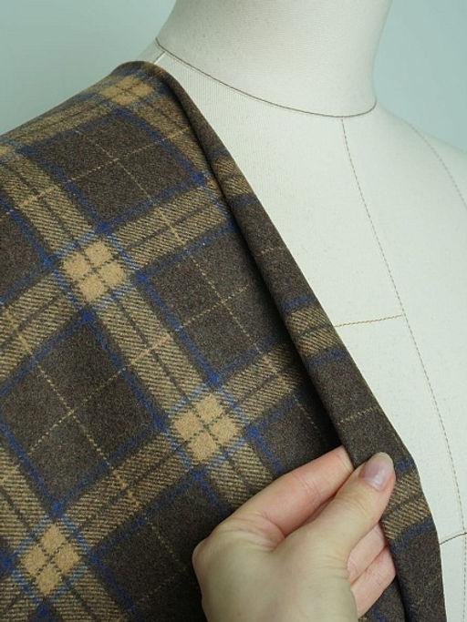 Шерсть пальтово-костюмная Твид Клетка бежево-синяя на коричневом, ш.1.5м, шерсть-50%, п/э-50% - Купава фото 16