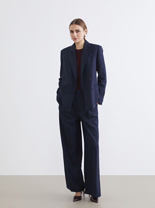 Kruvaze Yaka ?izgili Kad?n Blazer Ceket