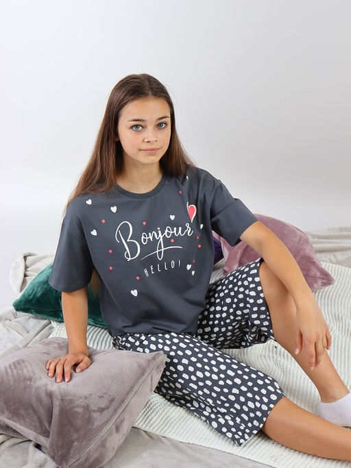 CRB wear / CWJG 50198-48 Пижама для девочки (футболка, бриджи),темно-серый/Ex.Cherubino  фото 5