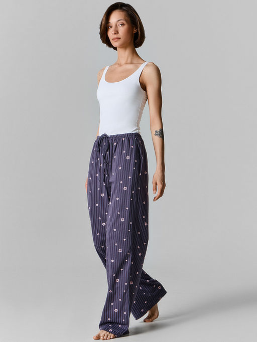 Брюки домашние женские синие с цветочным принтом