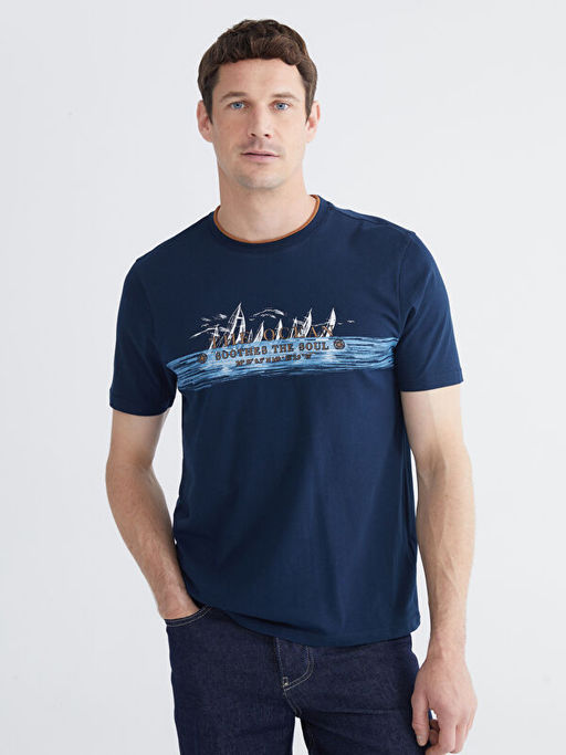 Bisiklet Yaka Bask?l? Penye Erkek Ti??rt