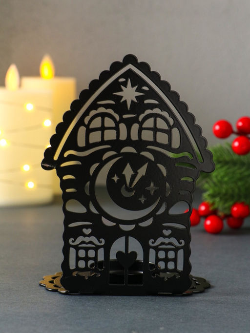 Подсвечник на 1 свечу Домик новогодний с часами, металл, чёрный, 6.7?10?13.5 см