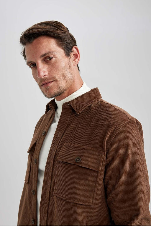 Вельветовая куртка-рубашка стандартного кроя с воротником-поло и длинными рукавами - Defacto фото 7