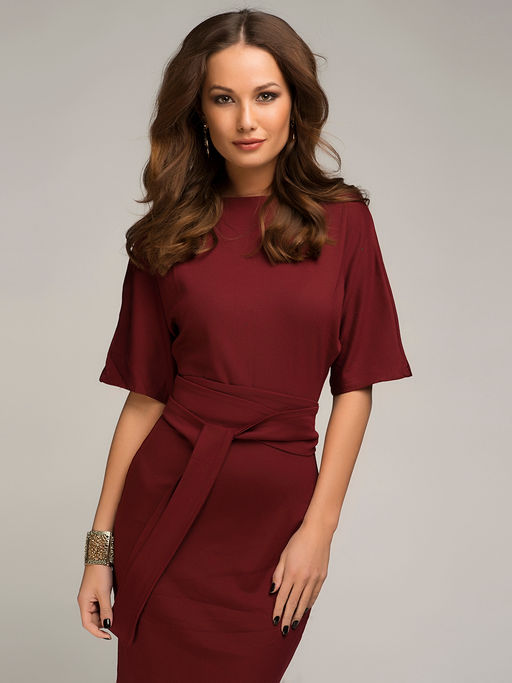 Платье бордовое длины мини с поясом и рукавом летучая мышь - 1001dress фото 3