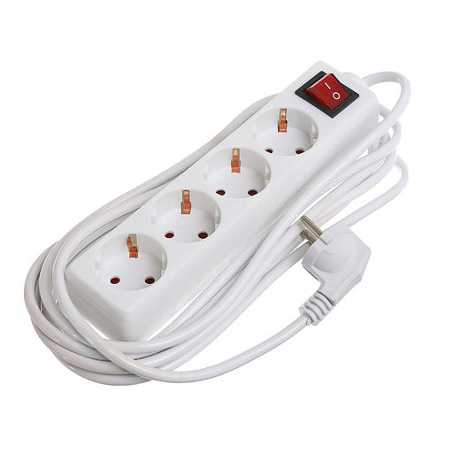 Удлинитель Luazon Lighting, 4 розетки, 5 м, 6 А, 1300 Вт, 3×0.75 мм2, с заземлением, с выключателем, белый