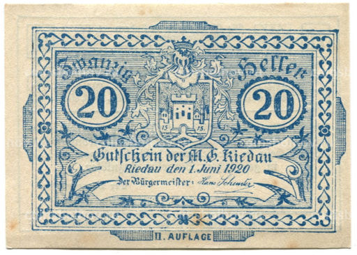 Банкнота 20 геллеров 1920 года Австрия Ридау (нотгельд)