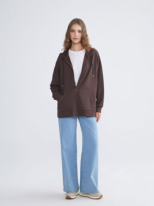 Kap??onlu Oversize Kad?n Fermuarl? Sweatshirt