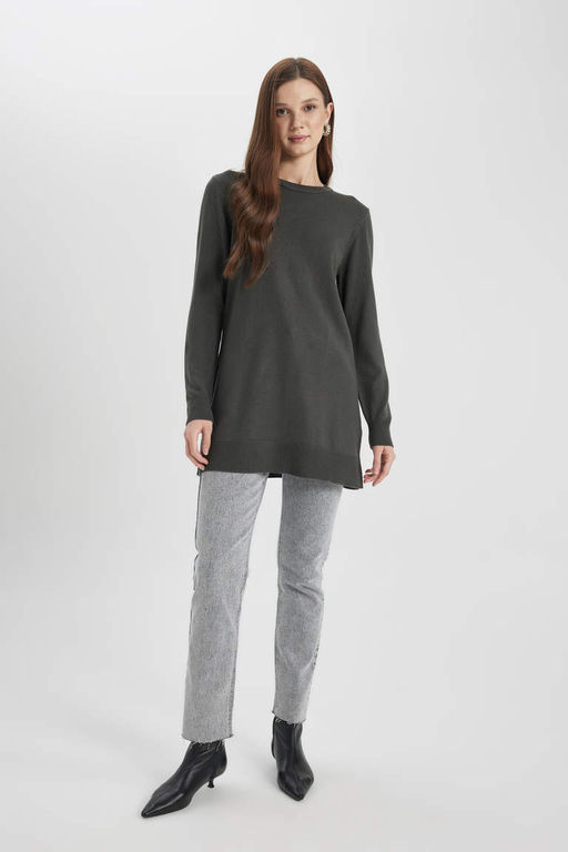 Трикотажный свитер стандартного кроя с круглым вырезом и туникой - Defacto фото 2