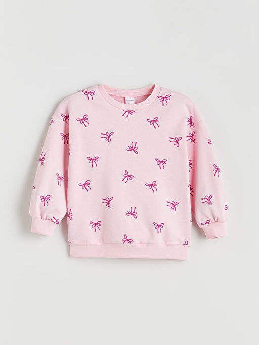 Bisiklet Yaka Fiyonk Bask?l? K?z ?ocuk Sweatshirt 2li