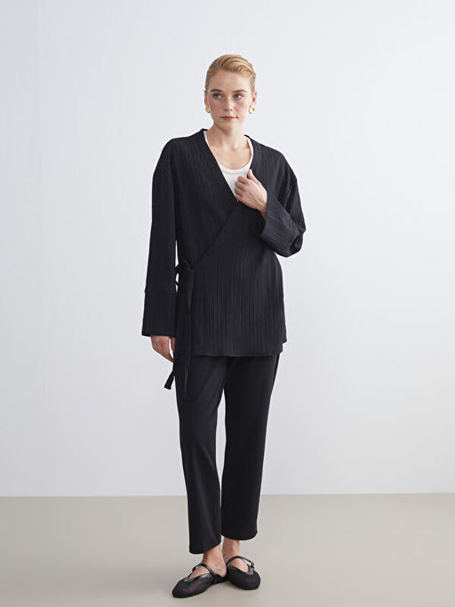 Kruvaze Yaka Dokulu Oversize Kad?n Kimono