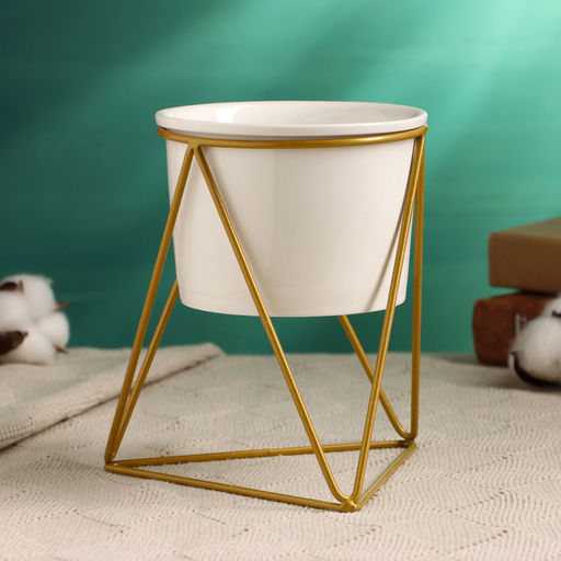 Горшок для цветов «Грани» керамический, 400 мл, 14×11×15 см, на золотистой металлической подставке, белый
