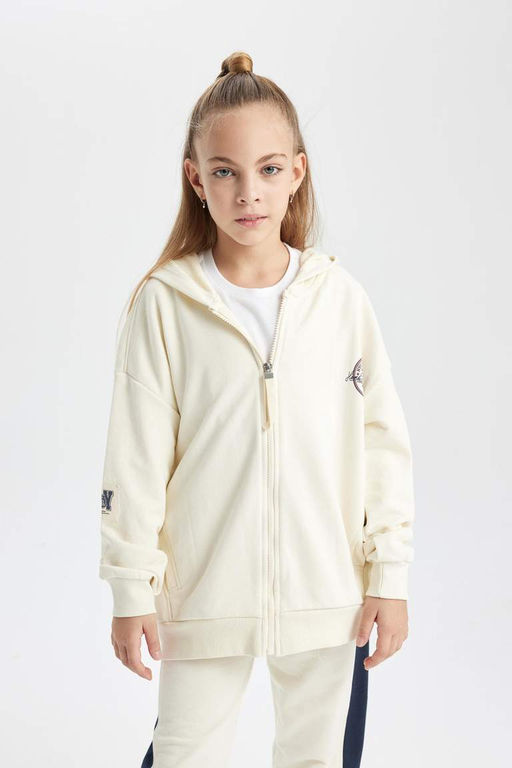 Толстый, мягкий кардиган для девочек с капюшоном на спине и принтом внутри - Defacto фото 4